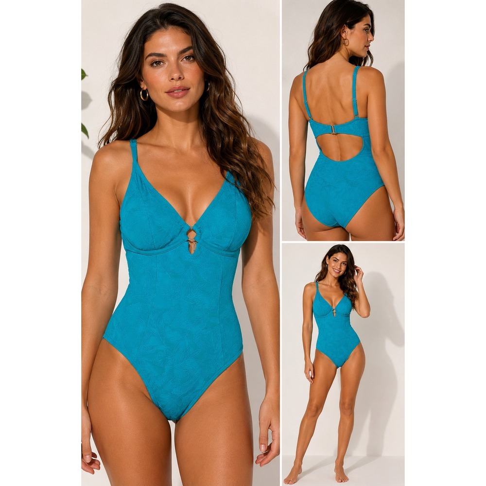 Venus Turquoise Blue Embossed Tropical Leaf Underwire One‎ Piece Swimsuit Size 8